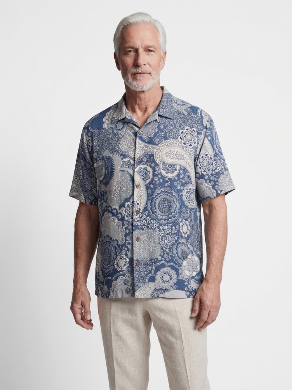 Tommy Bahama Men's XL 100% Silk Paisley Floral Camp Shirt Blue Short Sleeve EUC